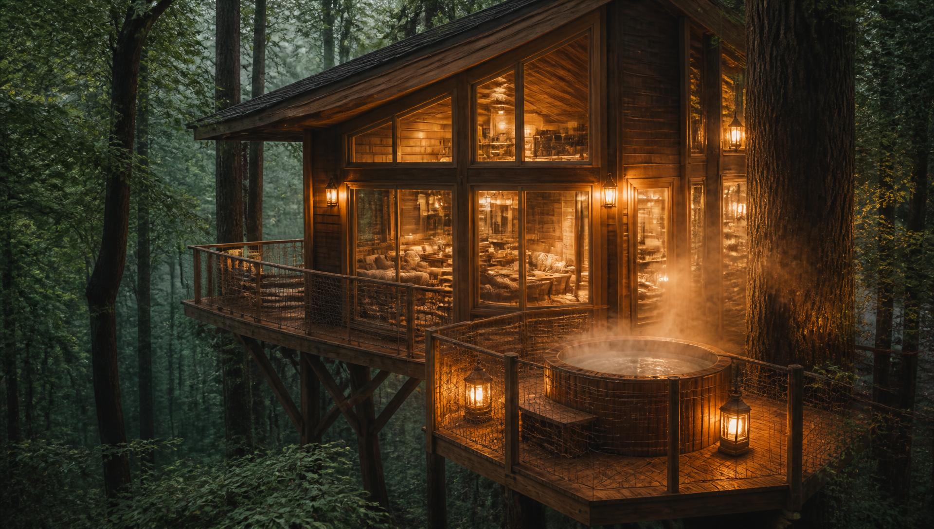 Verlichte boomhut met hottub in een mistig Ardens bos bij zonsondergang